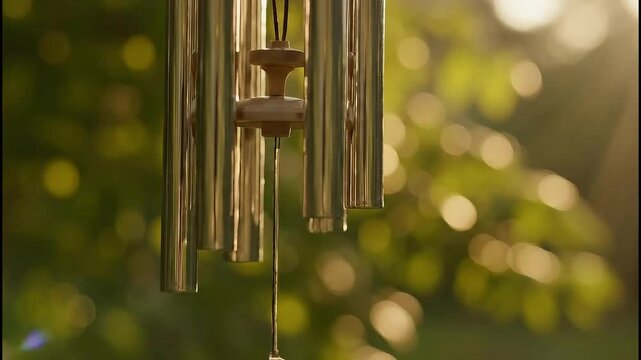 Serene wind chime hanging outdoors in warm sunlight