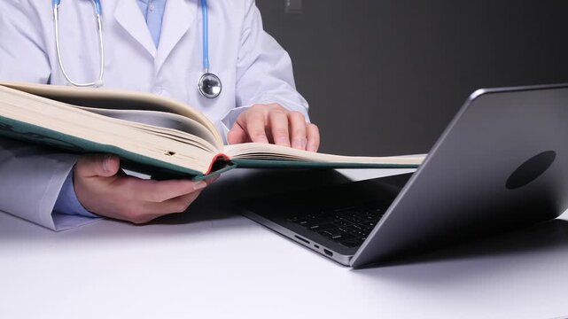 Medical professional in a white coat and stethoscope reading a textbook, researching with a laptop on a white desk, representing continuing medical education and professional development