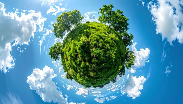 Green sphere with trees, tiny planet effect, against vibrant blue sky filled with fluffy white clouds, fisheye lens