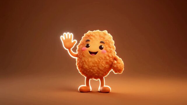 A cheerful cartoon chicken nugget happily waving in a warm brown environment