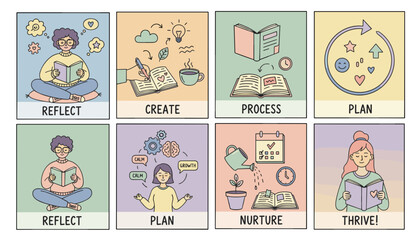 Illustrated personal growth cycle Reflect Create Process Plan Nurture Thrive Strategy and selfimprovement concept