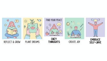 Pastel vector set illustrating wellbeing activities reflection nurturing growth finding peace creating joy and selflove