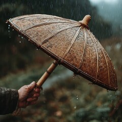 Hand gripping bamboo umbrella on rainy day high resolution picture