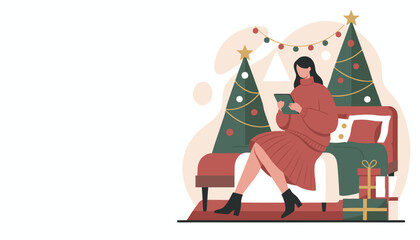 Obraz premium Woman relaxing on a couch using a tablet next to Christmas trees and gifts