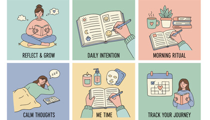 Selfcare and personal development illustration set journaling reading daily rituals and wellness routine concepts