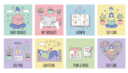 Cute pastel doodle illustrations promoting selfcare personal growth mindfulness and daily journaling habits