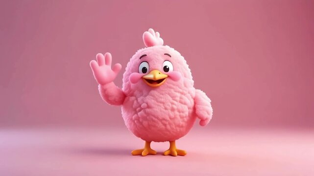 A cartoon chicken nugget character waves its hand in a pink environment, captured in a 3D animation video
