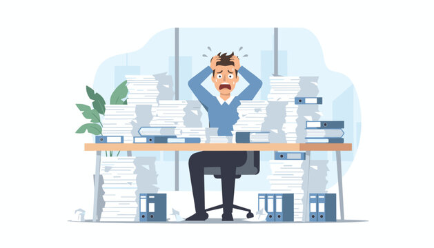 Stressed worker buried in towering stacks of paperwork and files symbolizing overwhelming job stress and deadlines