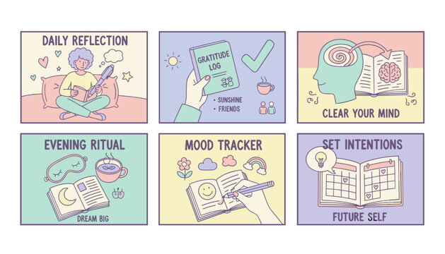 Pastel illustrations of six mental health and selfcare concepts journaling reflection gratitude and setting intentions