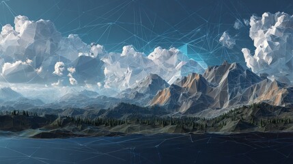 Low-poly rendering of a mountain range with fluffy clouds and interconnected lines depicting a network across the blue sky