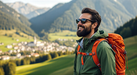 Bearded man wearing sunglasses and a green jacket, enjoying a scenic mountain view while hiking with an orange backpack, embodying the spirit of outdoor adventure and exploration