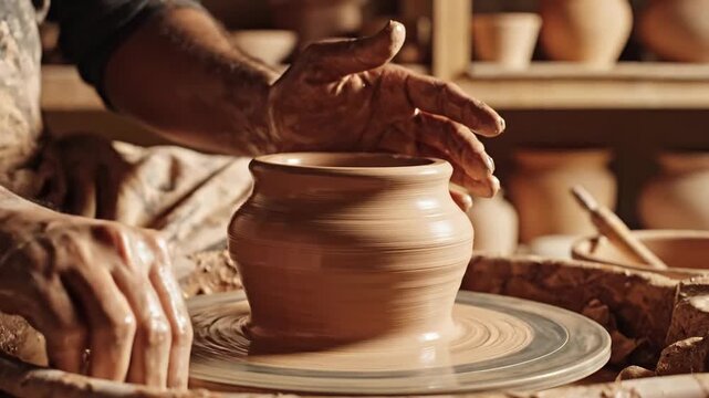 Potter shaping a clay pot on a spinning wheel; hands covered in mud; tools in background