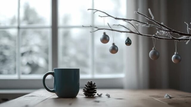 A cozy coffee break with festive Christmas decorations, including silver ornaments on a branch and a pinecone, set against the backdrop of a snowy window view.