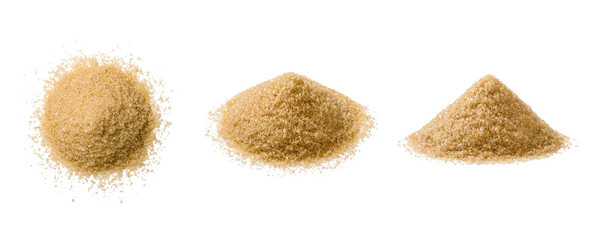 Three piles of brown sugar crystals shown from different perspectives, including top view and angled views, isolated on a transparent background. PNG, Ideal for food design and packaging use.