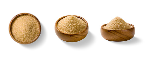 Three piles of brown sugar crystals shown from different angles, including top and side views, placed in a wooden bowl and isolated on a transparent background. Ideal for food design and packaging use