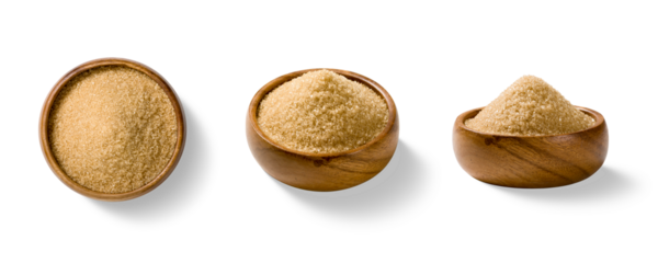 Three piles of brown sugar crystals shown from different angles, including top and side views, placed in a wooden bowl and isolated on a transparent background. Ideal for food design and packaging use
