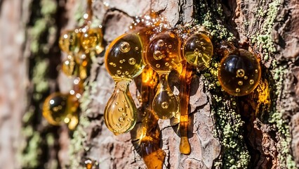 Close-up of golden amber resin dripping from rough tree bark with green moss.