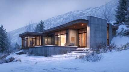 Modern home nestled in snowy mountains, illuminated interior, large windows, minimalist design, concrete and wood construction, tranquil winter scene