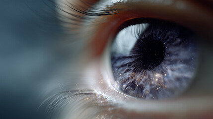 Ultra-high-resolution macro close-up of a human eye infused with spiritual cosmic energy, filling most of the frame. The iris is highly detailed and hyper-realistic, layered with g