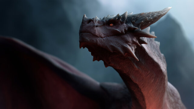 Ultra-high-resolution fantasy illustration of a majestic dragon, created with generative AI, depicted in a dramatic, cinematic style. The dragon dominates the frame in a powerful t