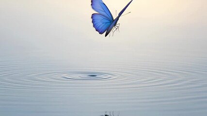 A blue butterfly takes flight from a calm water surface in a panoramic sequence. Its delicate wings create ripples symbolizing change, transformation and new beginnings. Concept of freedom