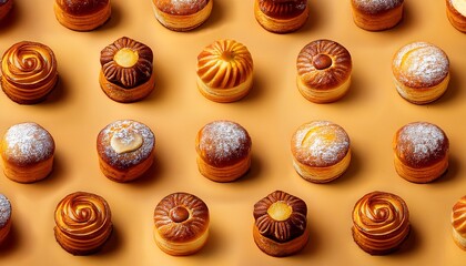 close up of assorted baked goods forming a delicious wallpaper pattern cake golden
