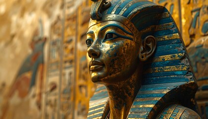 Gilded Pharaoh Close-up of an ornate golden and blue pharaoh sarcophagus mask with hieroglyphic backdrop