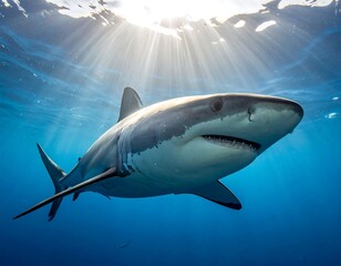 Fototapeta premium Majestic shark swims in sunlit ocean depths, showing its powerful jaws
