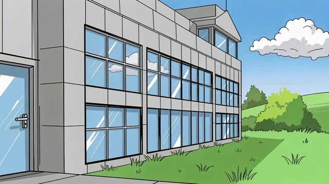 Modern glass building exterior with green landscape and blue sky.