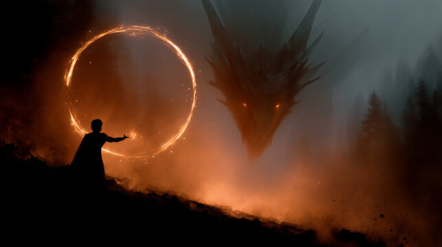 Ultra-high-resolution epic dark fantasy scene depicting a magician summoning a colossal dragon in a moment of arcane power and imminent danger. The sorcerer stands in the foregroun