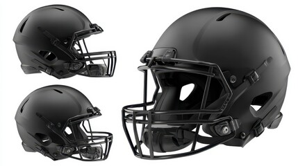 Fototapeta premium Three isolated, matte black protective headgear designed for football or similar high-impact sports, on a white background