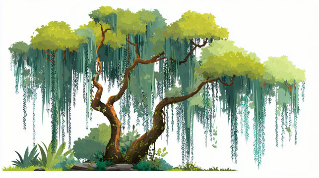 Stylized illustration of a large weeping willow tree isolated on white background