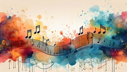 a music themed background with musical notes and watercolor splashes