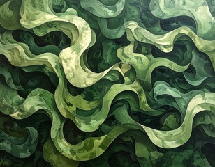 Green, swirling, abstract, leaf-like shapes are densely layered in this organic, fluid, and textural painting