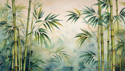 Naklejka premium tall tropical bamboo wall mural painted art watercolor art style wallpaper background