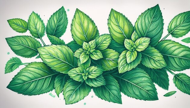 intricate hand drawn mint leaves sprigs watercolor style retro design