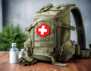 compact first aid kit securely fastened to military style backpack s molle webbing army antiseptic