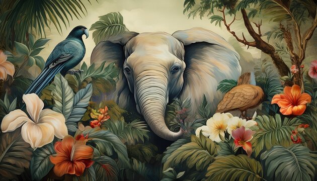 tropical rainforest birds plants flowers elephant wall mural painted art vintage art style wallpaper background