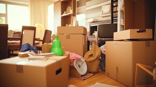 Messy living room strewn with moving boxes, packing supplies, and random items awaiting transport