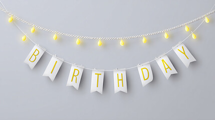 Colorful birthday banner with illuminated string lights, featuring white triangular flags displaying the word "BIRTHDAY," creating a festive atmosphere for celebrations and joyful gatherings