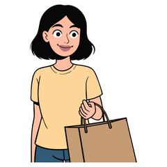 Illustration of young woman with short black hair holding a brown shopping bag