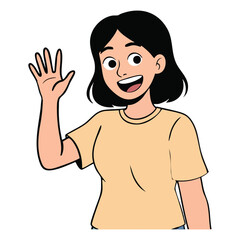 Illustration of smiling young woman with short black hair waving hello