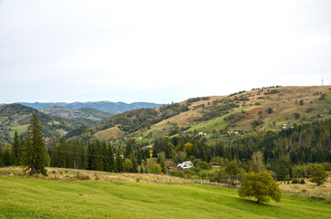 Rolling green hills overlook quiet rural valley dotted with small houses and farms. Peaceful scene with trees, fields and distant mountains evokes calm, nature and open countryside living. Carpathians