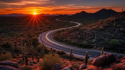 Desert Sunset Road Arizona Highway Winding Through Saguaro Cactus Landscape.