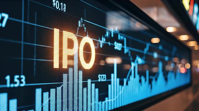 Dynamic stock market display showcasing IPO trends with fluctuating graphs and data points, camera zooms in to emphasize market activity and investment opportunities - Powered by Adobe