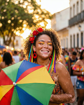 Jovem brasileira sorrindo curtindo carnaval. Frevo