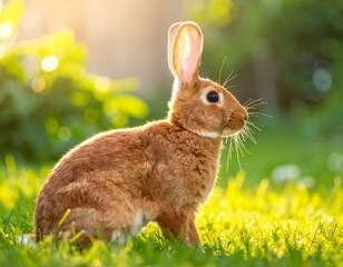 Ginger rabbit sits in lush green grass, bathed in golden sunlight