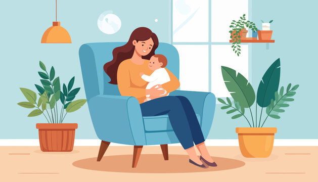 Mother breastfeeding her baby in a cozy living room with plants.