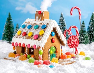 Gingerbread house covered in candy on snowy landscape with toy trees & candy cane, against sky