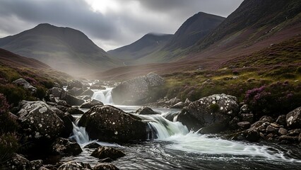 Misty Scottish Highlands Waterfall  Mountains.
